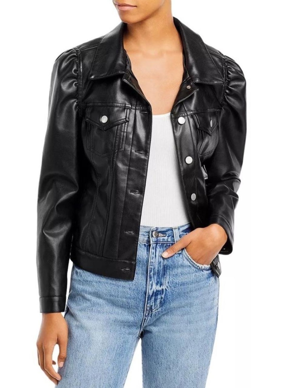 Vintage Black Aqua Faux Leather Jacket - Classic Women's Trucker